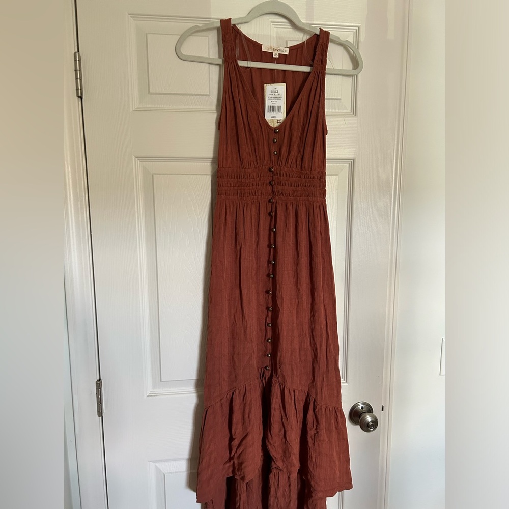 Rewind Brown and Orange Ruffled Tiered Sundress